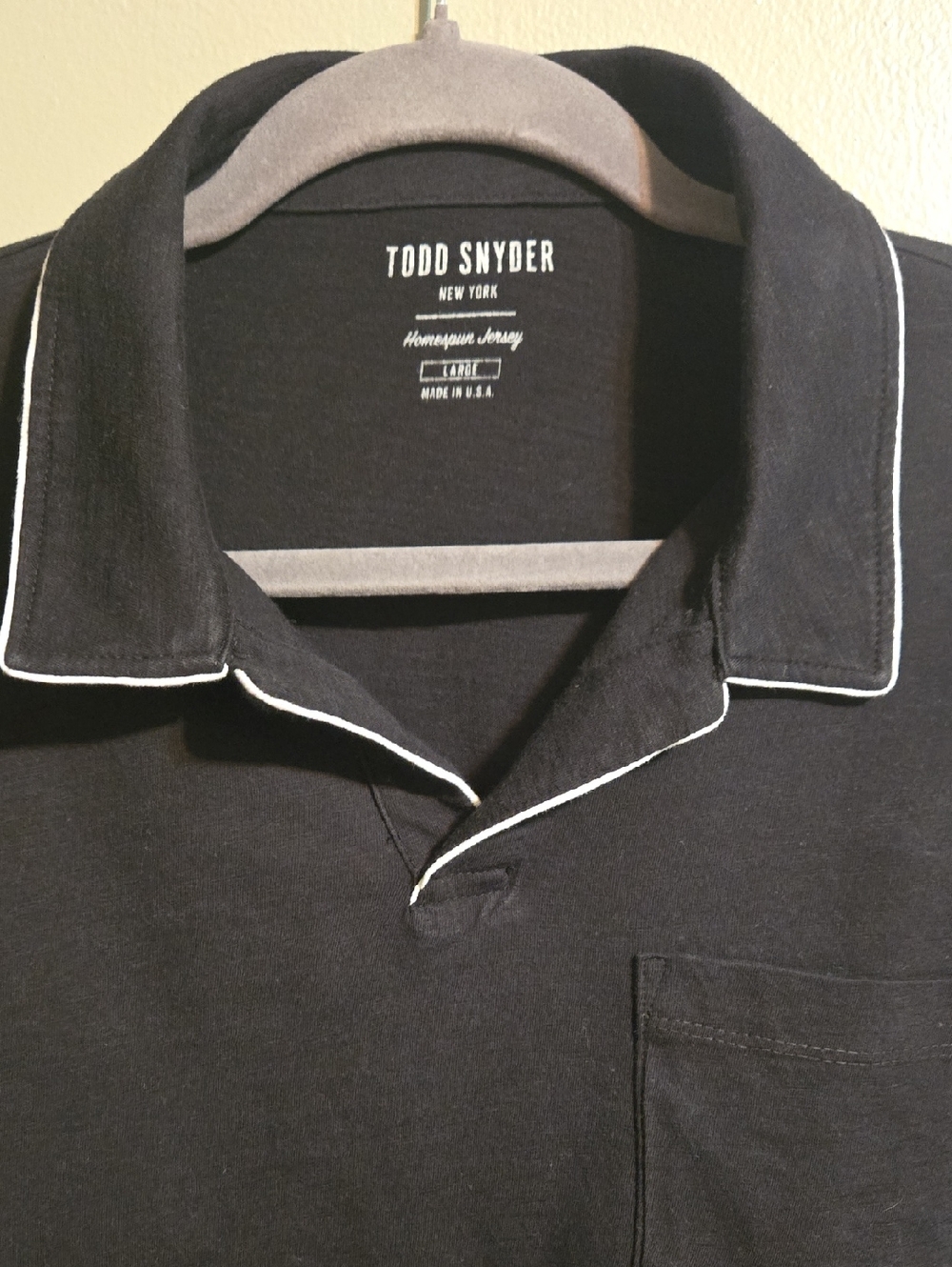 Todd Snyder Homespun Polo L USA Johnny Collar Black Knit Tonal Tipped Pocket